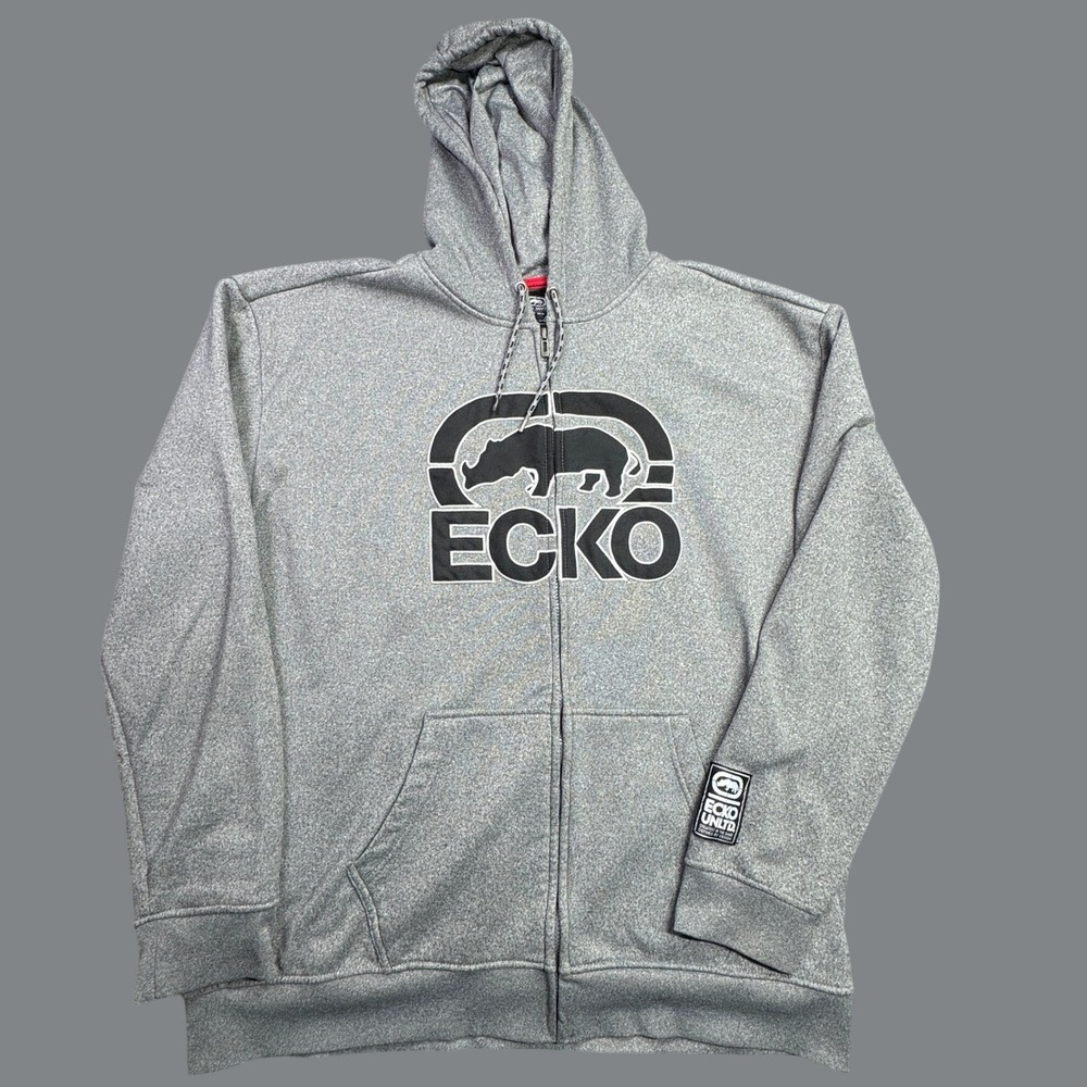 Ecko Unltd Hoodie Mens XXL Gray Fleece Retro Streetwear Logo Rhino Full Zip